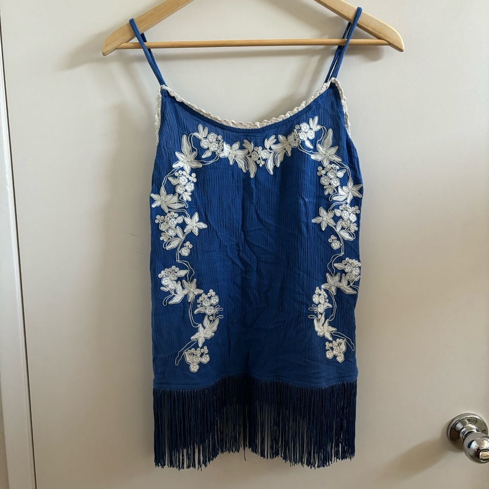 Blue Floral Embroidered Fringe Tank Top